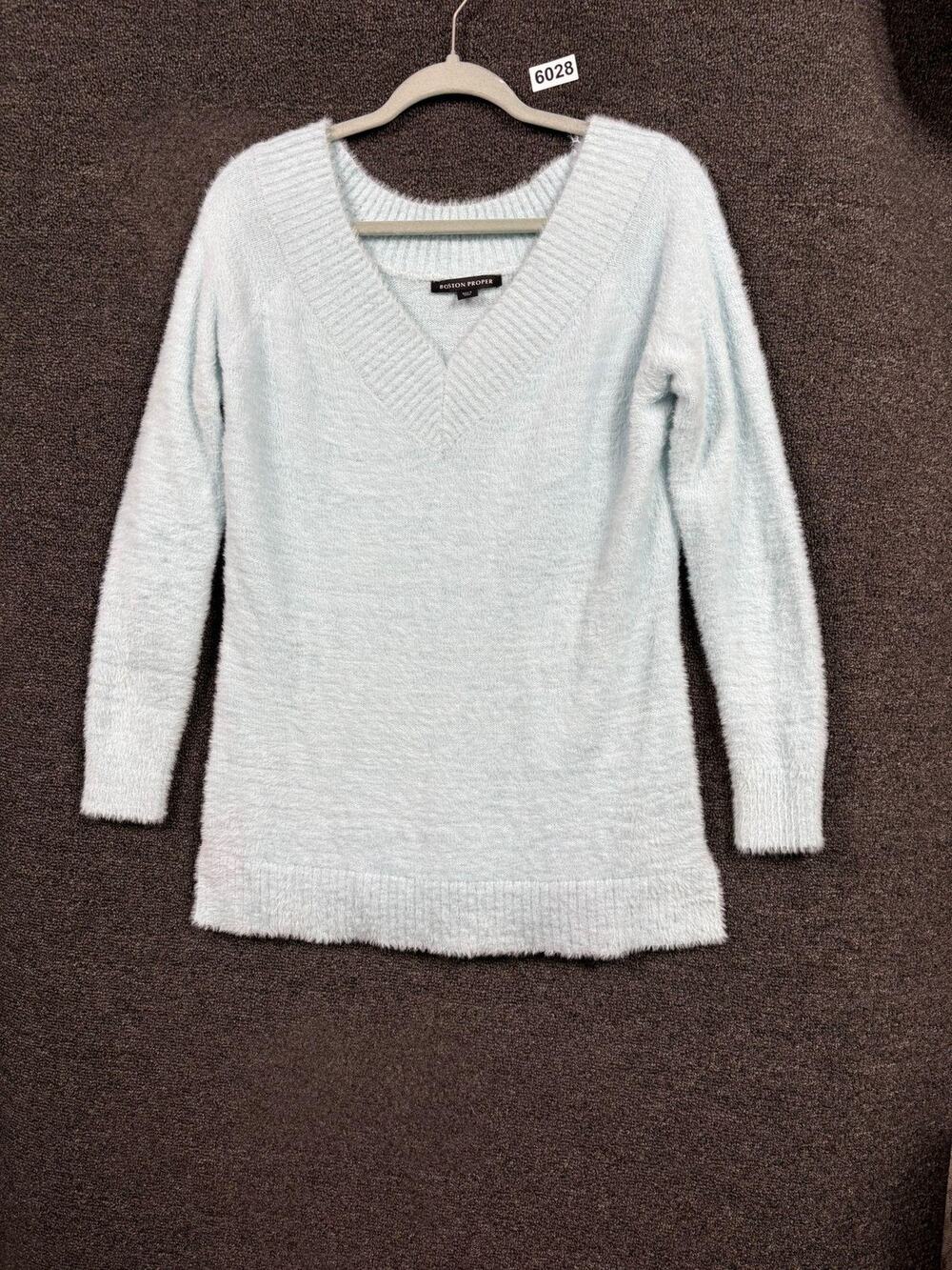 Boston Proper Sweater Womens Small Light Blue V Neck Fuzzy Tunic Long Sleeve